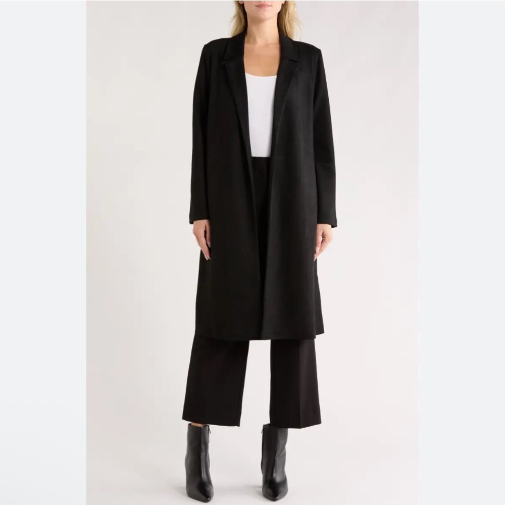 Open Front Faux Suede Coat
JASON WU Elegant Black Long Blazer Style Small